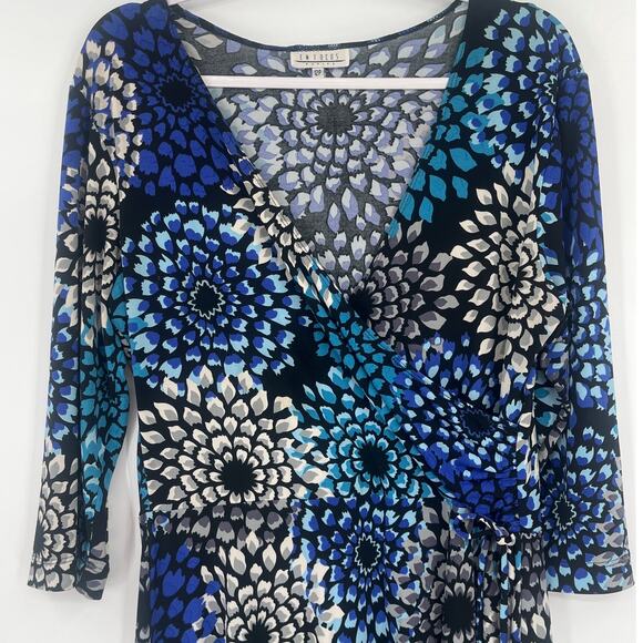 Enfocus Faux Wrap Dress Sz 12P Floral Stretchy Office Bow Deep V-Neck Ruching - Picture 2 of 8